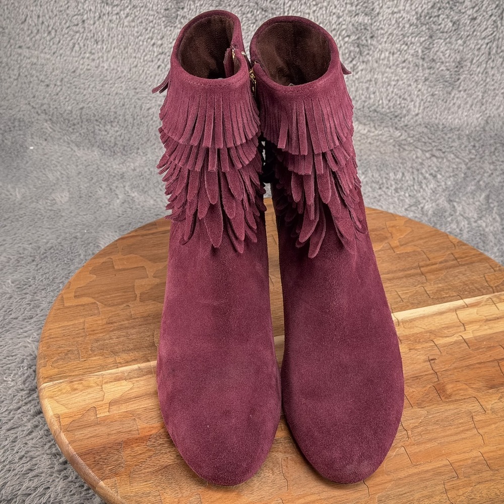 Plum Purple Suede Fringe Boots Ankle Booties Women 9.5 Isola - Picture 2 of 7
